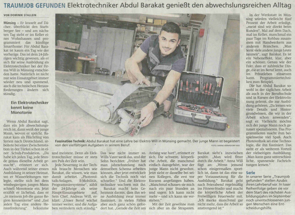 Zeitungsbericht zum Beruf des Elektrikers